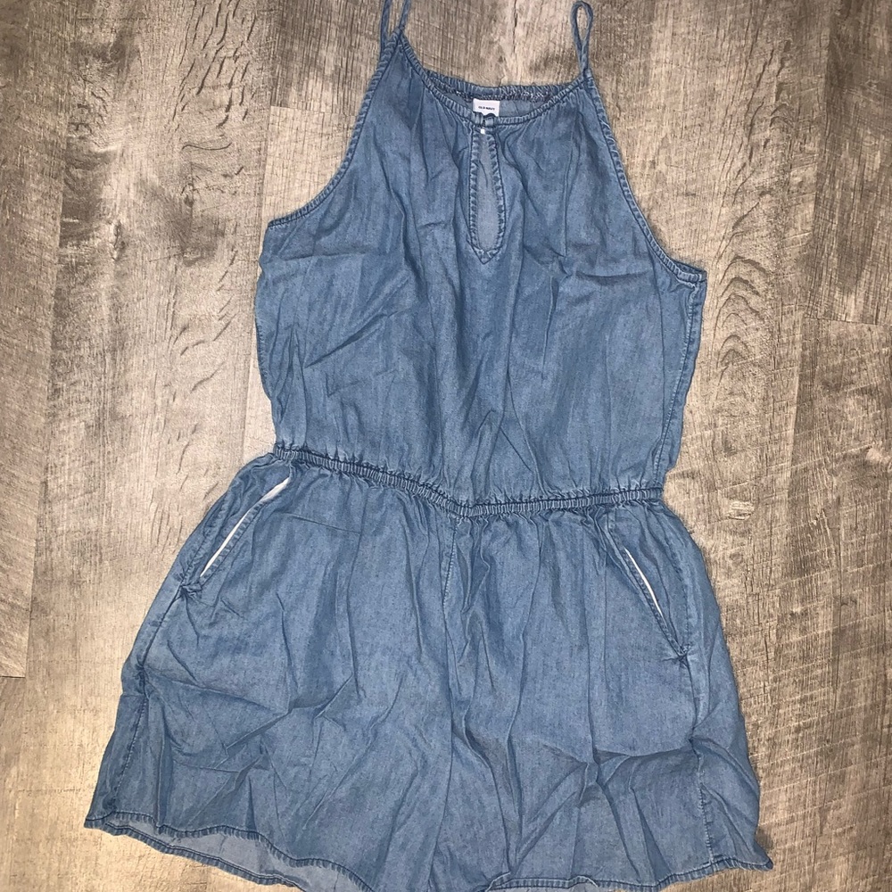 Denim romper with pockets
